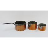 Three 19th century copper pans with steel handles, (3)