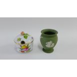 Herend porcelain jar and cover with rosebud finial, together with a Wedgwood pale green jasper