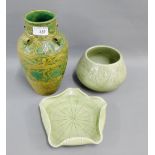 Two Thailand Celadon glazed pottery dishes, together with a vase with incised frog pattern,