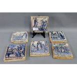 Set of six Spanish blue and white glazed tiles, 12.5 x 12.5cm, (6)