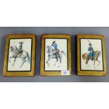 Set of three gilt edged and painted wooden decorative wall plaques, 20 x 14cm, (3)