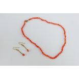 Strand of coral beads with 9 carat gold clasp fitting together with a pair of coral drop earrings (