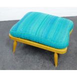 Vintage Ercol blonde elm footstool with blue cushion top, 28 x 62cm