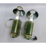 Pair of green tole ware candle wall lights with gilt edge rims, 33cm long, (2)