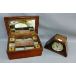 Art Deco oak cased mantle clock, together with a mahogany work box, (2)