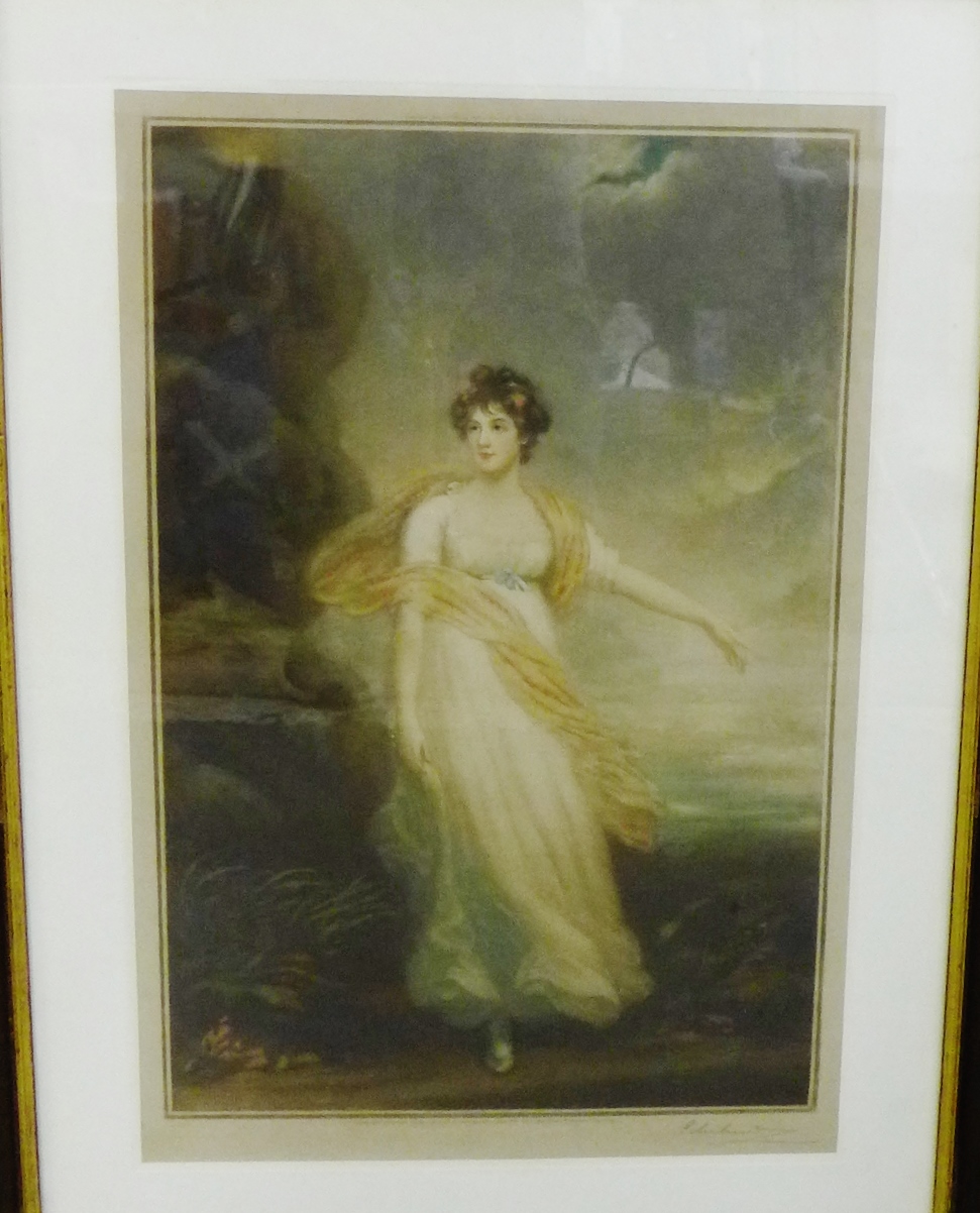 Early 20th century coloured lithographic print of an 18th century lady in a glazed frame