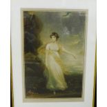 Early 20th century coloured lithographic print of an 18th century lady in a glazed frame