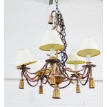 Five branch painted wooden light fitting with shades,