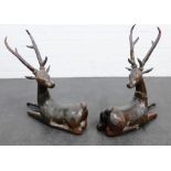Large pair of bronze patinated metal deer figures, 54 x 55cm, (2)