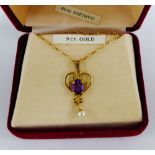 9 carat gold amethyst pendant, on a 9 carat gold chain, boxed