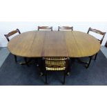 Mahogany twin pedestal dining table and set of five chairs with brass inlay, 77 x 96cm (6)