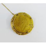 George III gold plated Crown, 1822 in a circular yellow metal brooch frame, 5cm wide