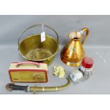 Mixed lot to include a copper half gallon harvest jug, a brass jelly pan, vintage radio, etc., (a