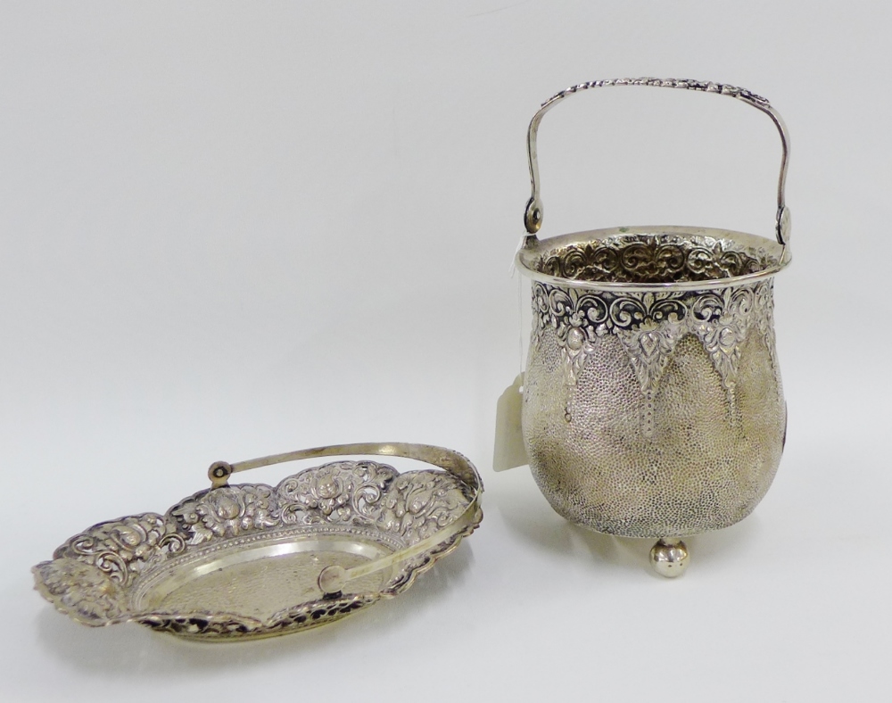 Eastern silver basket and small ice bucket, each chased with stylised flowers, stamped 800 (2)