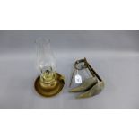 Cruse style iron lamp, together with a small oil lamp, (2)