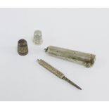 Silver cheroot holder case, two silver thimbles and a small silver engraved fruit / pen knife (4)