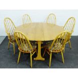 Ercol blonde elm seven piece dining set comprising set of six chairs and a drop leaf table, 72 x