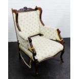 Mahogany framed wing armchair with upholstered back, arms and seat, 90 x 60cm