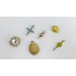 Silver locket, gold plated locket, two watch keys, pastes et brooch and a turquoise set cross (a