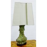Archaic style verdi gris patinated metal table lamp base and shade, 60cm