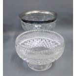 Silver rimmed faceted bowl on knop stem, together with a cut crystal fruit bowl, (2)