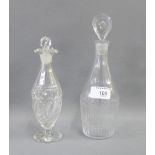 Small 18th century club shaped decanter and stopper with an engraved band, together with an 18th