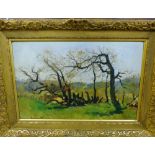 L.B. Vhist 'Wooded Landscape' Oil-on-Board, paper label verso within an ornate giltwood frame, 48