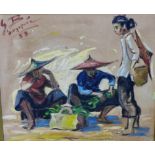 20th century Singapore School 'Street Vendors' Oil-on-Canvas Board, signed with initials, dated '53,