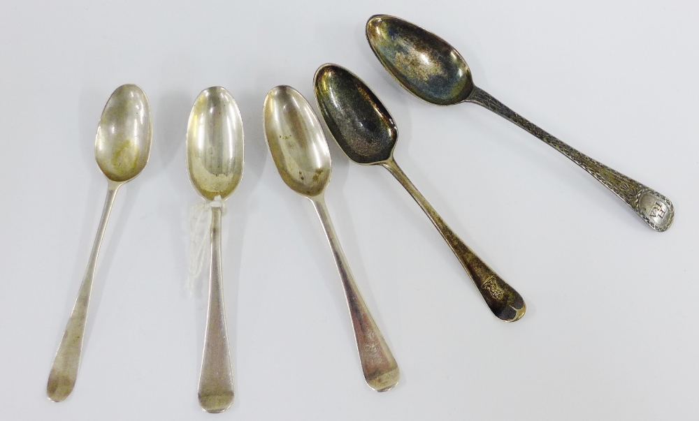 A group of 18th century silver teaspoons to include a pair of Hanoverian pattern with crowned MD