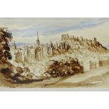Alan Sutherland 'Edinburgh Skyline with Castle' Watercolour, signed in a glazed frame, 40 x 25cm