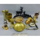Mixed lot of metal wares to include brass quaich, dog, copper jug, iron doorstop etc., (a large lot)