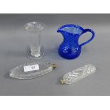 Early 19th century blue moulded Wrythen glass creamer, together with a clear fluted jelly glass,