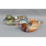 Two painted wooden mandarin ducks, 28cm long, (2)