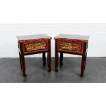 Pair of chinoiserie hardwood bedside cabinets, the rectangular tops over a single frieze drawer with