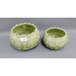 Two Thailand Celadon glazed pottery lotus bowls, one on a shaped hardwood stand, (2)