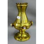 Early 20th century brass church vessel with engraved decoration and hardstone cabochon's, 33cm high