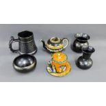 Mixed lot to include Carlton ware orange lustre jam jar cover and saucer, four black glazed vases