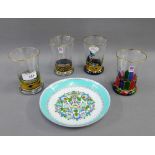 Set of four Nagel enamelled glass tumblers, together with an Austrian enamelled dish, (5)