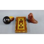 Carved treen owl with insert glass eyes, a Tunbridge ware card case and a Lignum Vitae card case, (