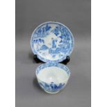 Late 18th century blue and white teabowl and saucer, probably Turner in the 'Ducks' pattern, (2)