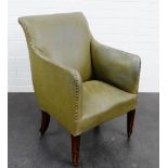 Olive green vinyl upholstered armchair, 86 x 52cm