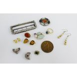 A mixed lot to include hardstone set brooches, paste set dress ring, various earrings, a buckle