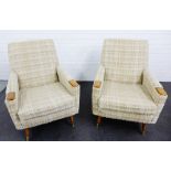Pair of retro upholstered armchairs, on teak supports, 85 x 65cm, (2)