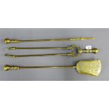 Three piece brass fireside companion set comprising poker, shovel and tongs