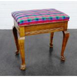 Mahogany piano stool with an upholstered lift up top, on cabriole legs, 54 x 54cm