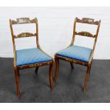 Pair of Regency style brass inlaid chairs, with upholstered seats and sabre legs, 82 x 47cm, (2)