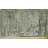 'Inside of St. Martin's Church in the Fields' Coloured engraved print, in a glazed frame, 43 x 30cm