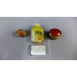 Agate vesta case, snuff bottle, pill box and brass box with inserted panel