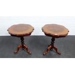 Pair of contemporary hardwood side tables with the pie crust tops and baluster turned columns on a