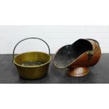 Copper coal scuttle together with a brass jelly pan (2)